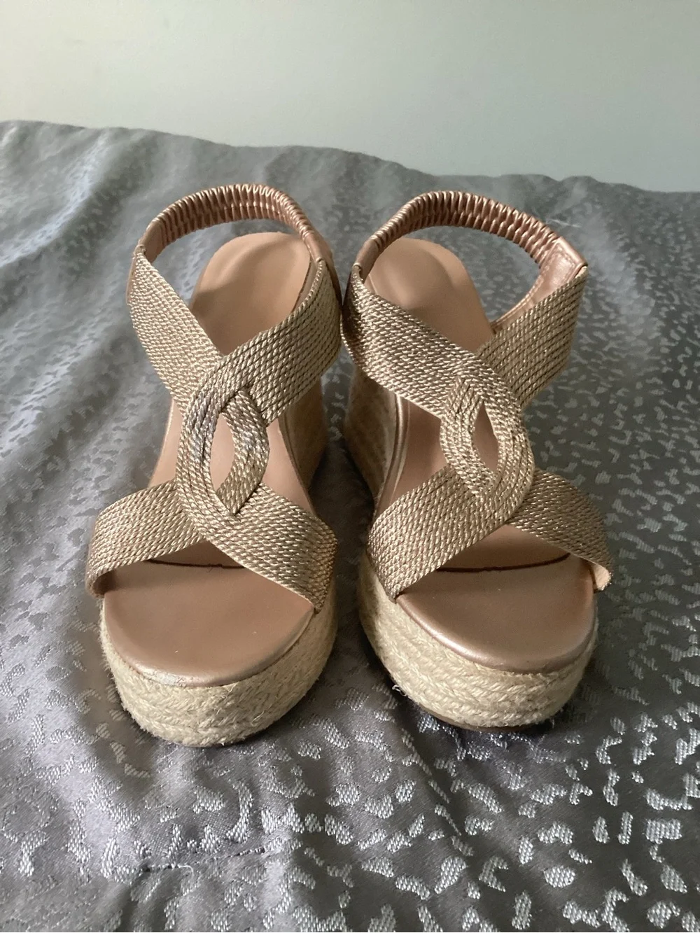 SHEIN Metallic Woven Espadrille Platform Wedge Sandals in Gold